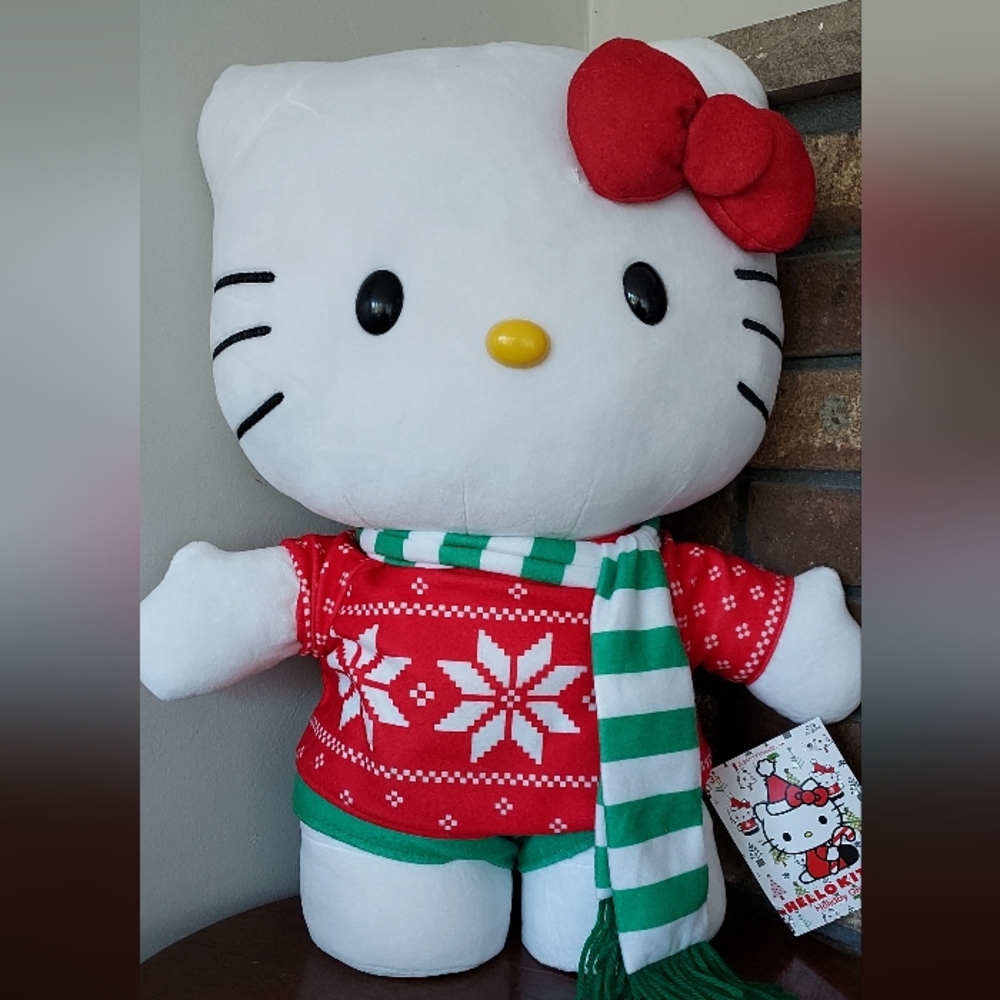 Hello Kitty Holiday Greeter Plush Stuffed Animal Cat Red Sweater Green Scarf 19”